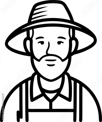 Hand Drawn Elderly Farmer Man Black and White Illustration in Minimal Solid Art Style Design