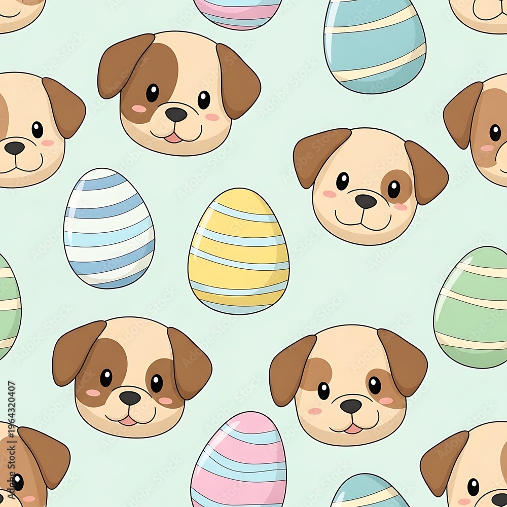 Cute puppy faces and striped easter eggs seamless pattern on light blue background, adorable pet and holiday themed illustration for textile, pet art trending, high quality, 4K