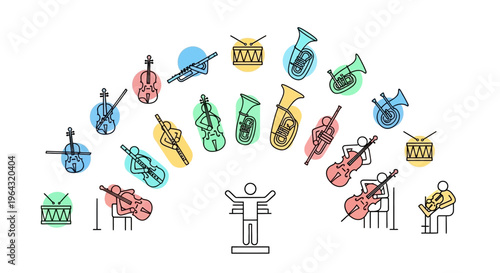 conductor leading orchestra with musical instruments.