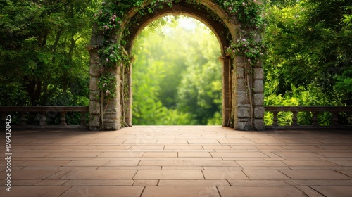 A tranquil archway adorned with flowers leads into a lush green garden, illuminated by soft light