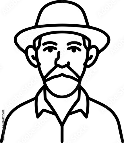 Hand Drawn Elderly Farmer Man Black and White Illustration in Minimal Solid Art Style Design
