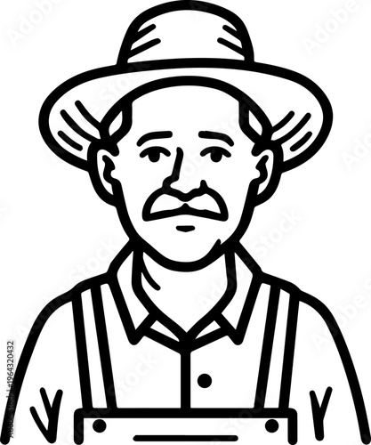 Hand Drawn Elderly Farmer Man Black and White Illustration in Minimal Solid Art Style Design