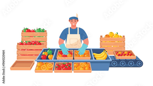 Fresh Produce Processing: A smiling worker, clad in work attire, carefully sorts a vibrant array of freshly harvested fruits and vegetables.