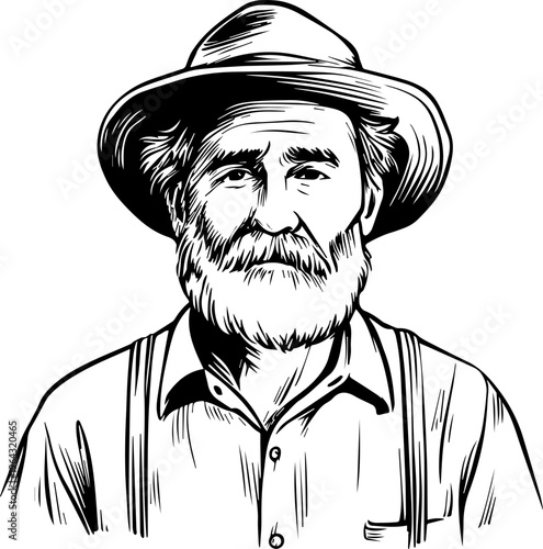 Hand Drawn Elderly Farmer Man Black and White Illustration in Minimal Solid Art Style Design