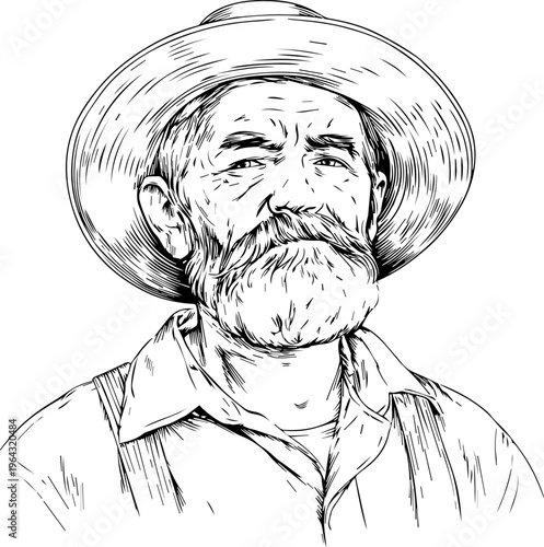 Hand Drawn Elderly Farmer Man Black and White Illustration in Minimal Solid Art Style Design