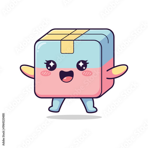 Cute cartoon box character smiling wide.