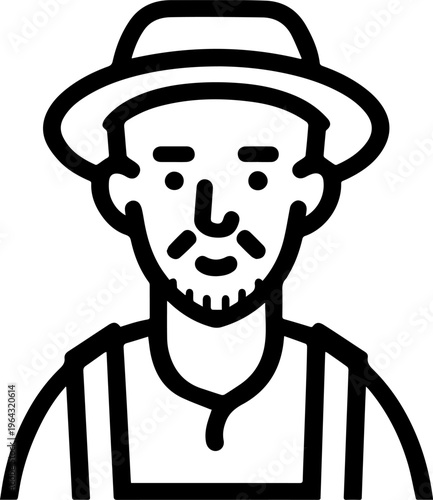 Hand Drawn Elderly Farmer Man Black and White Illustration in Minimal Solid Art Style Design