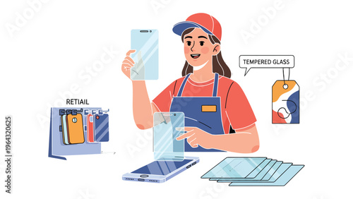 Protective Display: A skilled technician, in a vibrant retail setting, meticulously handles tempered glass screen protectors.