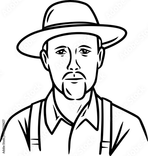 Hand Drawn Elderly Farmer Man Black and White Illustration in Minimal Solid Art Style Design