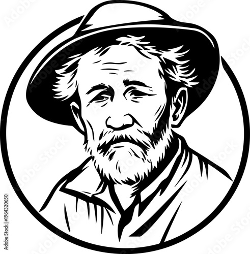 Hand Drawn Elderly Farmer Man Black and White Illustration in Minimal Solid Art Style Design