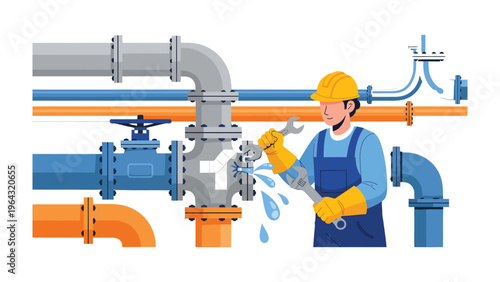 Plumber Repairing a Leak: A skilled plumber addresses a pipe leak, using a wrench to repair the damage and prevent water wastage.