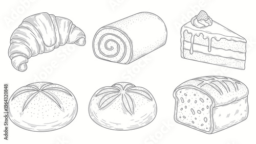 Collection of Hand Drawn Bakery Pastries and Breads.