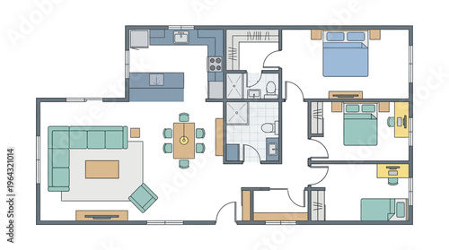 Modern 3 Bedroom 2 Bathroom House Floor Plan with Furniture Layout, Top View Architectural Drawing for Real Estate and Interior Design