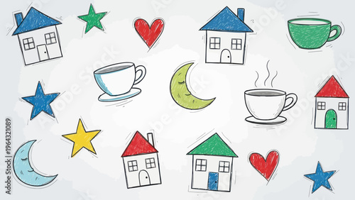 Collection of Hand Drawn Houses Stars Moons and Coffee Cups.