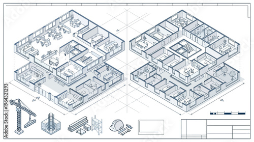 Isometric Architectural Blueprint of Modern Office Building Floor Plan with Construction Site Elements, Crane, Engineering Tools, and Technical CAD Details