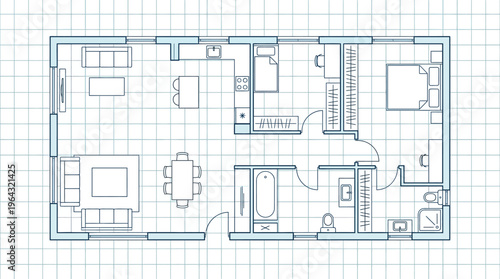 Modern House Floor Plan Illustration on Grid Background - Architectural Blueprint of Small Apartment with Two Bedrooms, Living Area, and Kitchen Layout