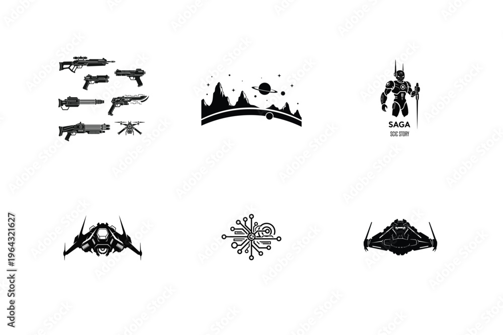 Fototapeta premium Futuristic sci-fi iconography collection featuring weapons, robots, and space elements