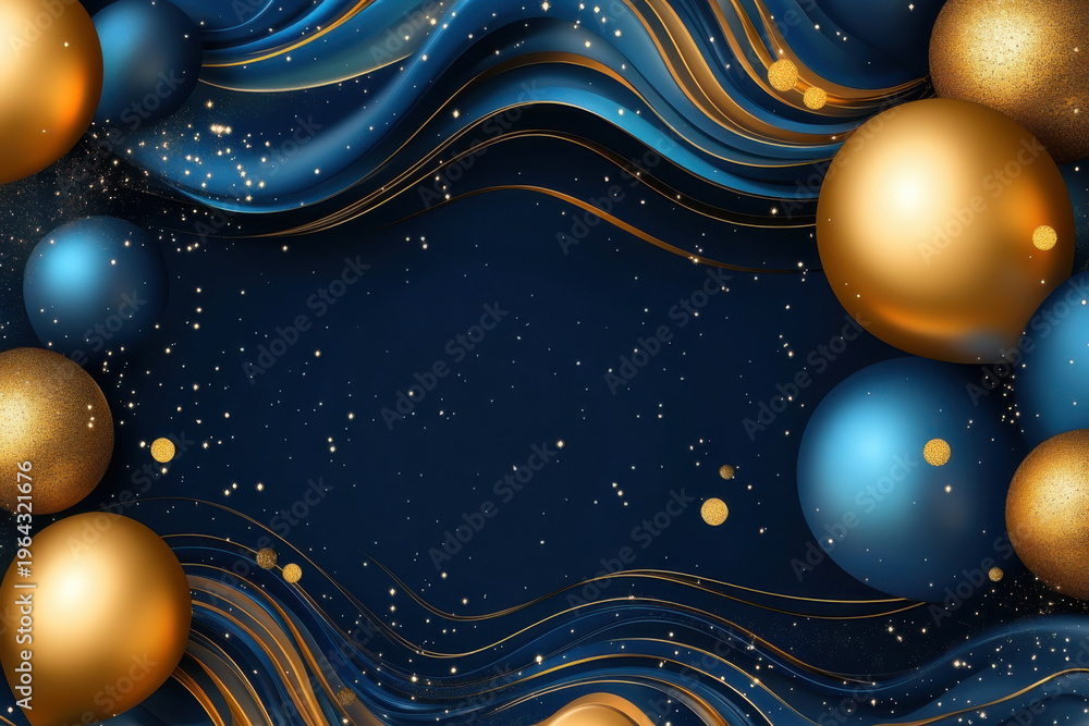 Fototapeta premium Christmas background with blue and gold ornaments and flowing ribbons creating elegant holiday atmosphere
