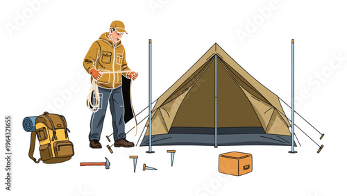 Preparing for Adventure: A person meticulously sets up a tent in preparation for a camping expedition, surrounded by essential gear and equipment.