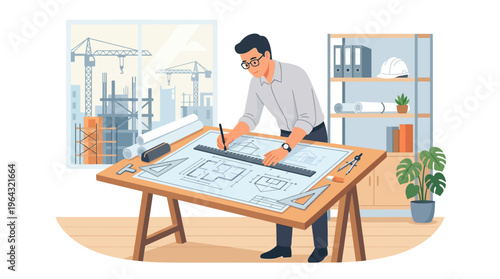 Male Architect Drawing Blueprints on Drafting Table in Office with Construction Site View, Engineering and Architecture Concept Vector Illustration