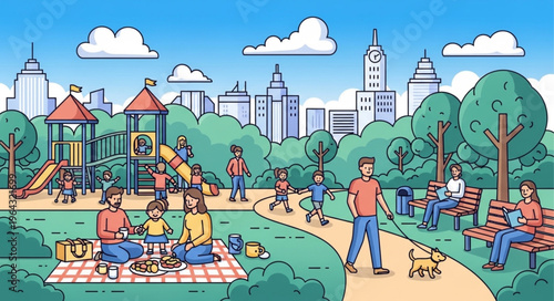 People in urban city park.