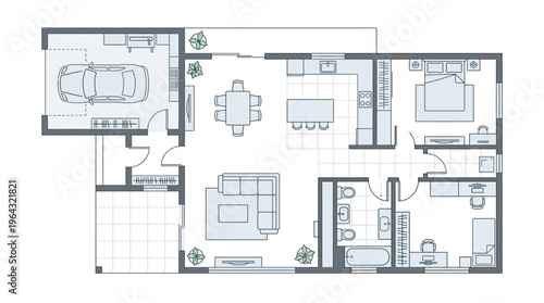 Modern House Floor Plan Architectural Drawing with Living Room, Kitchen, Garage, and Bedrooms