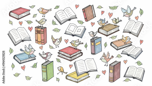 Collection of Open and Closed Books with Birds and Leaves.
