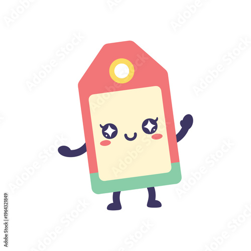 Smiling cartoon price tag character standing.