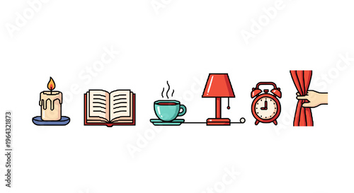 Cozy evening icons: candle, book, coffee, lamp, alarm clock, and curtain