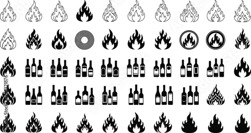 Large Collection of Fire Flame Silhouettes and Wine Bottle Icons Featuring Various Hot Spark Symbols and Alcohol Beverage Glass Outlines