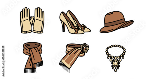 Collection of elegant vintage fashion accessories in warm brown tones