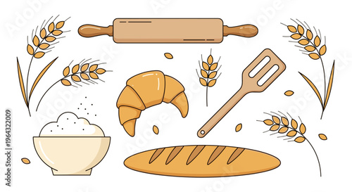 Baking ingredients and tools illustration with croissant, bread, flour, and wheat stalks