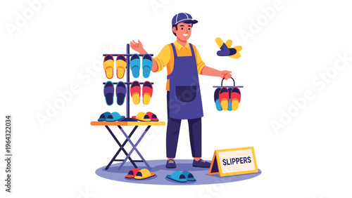 Slipper Seller: A cheerful seller, standing beside a colorful array of footwear, embodies the essence of commerce and customer service. 