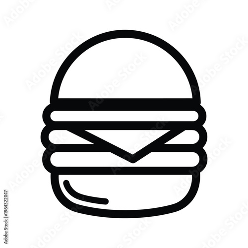 Burger icon, simple black and white graphic symbol of a hamburger on white background