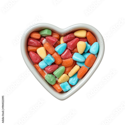 heart-shaped ceramic dish filled with colorful candy isolated on transparent background