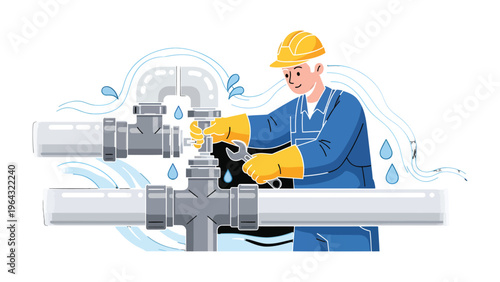 Plumber repairing water pipe system: A skilled plumber addresses a water leak within a pipe system, showcasing expertise in maintenance and repair within an industrial setting.