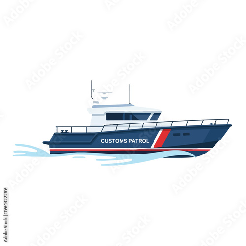 Customs patrol boat sailing on water with red and white stripes