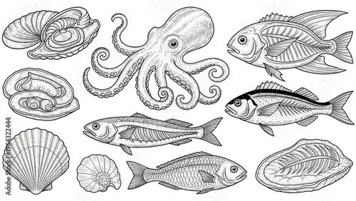 Collection of Seafood and Marine Life Illustrations.