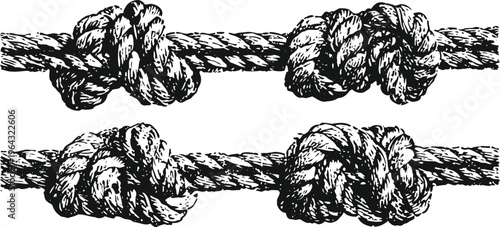 hand drawn rope knots illustration nautical tied ropes close up, detailed sketch of rope textures and knots