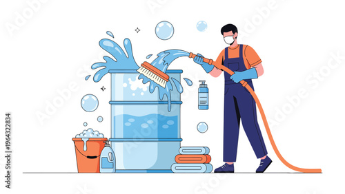 Industrial Cleaning Scene: A worker in protective gear meticulously cleans a large metal drum, utilizing a hose to spray water while bubbles and cleaning products complete the scene.