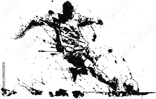 Dynamic soccer player kicking ball in abstract black ink splatter action illustration