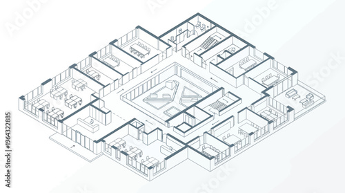 Isometric Architectural Drawing of a Modern Office Floor Plan with Desks, Meeting Rooms, and Central Courtyard. Technical Blueprint of Corporate Workplace Interior Design.