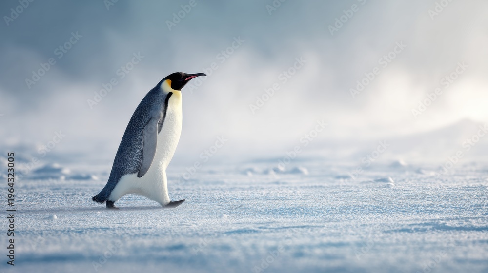 Obraz premium Emperor penguin walking on ice in Antarctica. Wildlife in natural polar habitat. Cold winter environment, bird trekking through snow, climate change and nature conservation concept.
