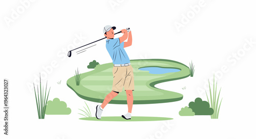Man playing golf on green course.