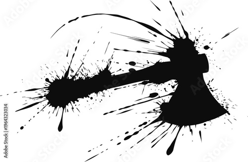 abstract black ink splatter shaped like an axe weapon silhouette on white background