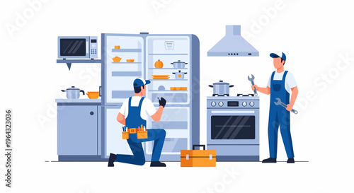 Two technicians fixing kitchen appliances.