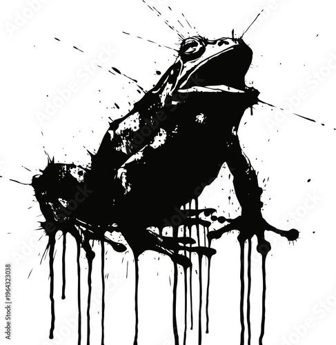 Black ink splatter frog silhouette with dripping paint effect on white background