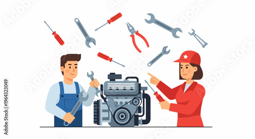 Mechanic and woman with engine tools.