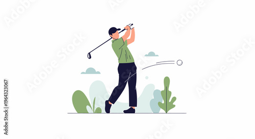 Man swinging golf club in air.