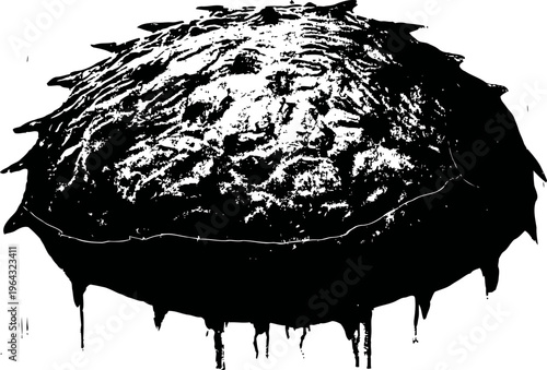 close up of a dripping black ink splatter with textured center and irregular edges